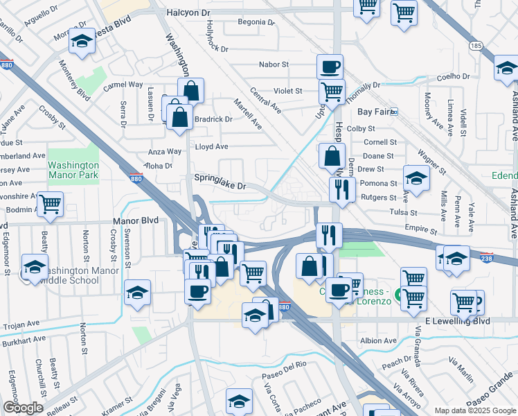 map of restaurants, bars, coffee shops, grocery stores, and more near 250 Creekside Drive in San Leandro