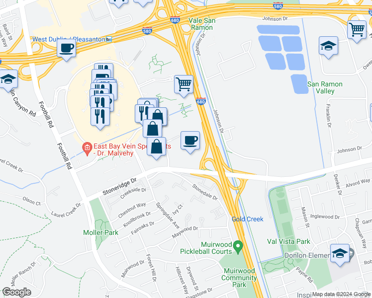 map of restaurants, bars, coffee shops, grocery stores, and more near 6330 Stoneridge Mall Road in Pleasanton