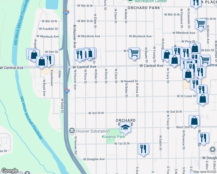 map of restaurants, bars, coffee shops, grocery stores, and more near 534 North Doris Street in Wichita