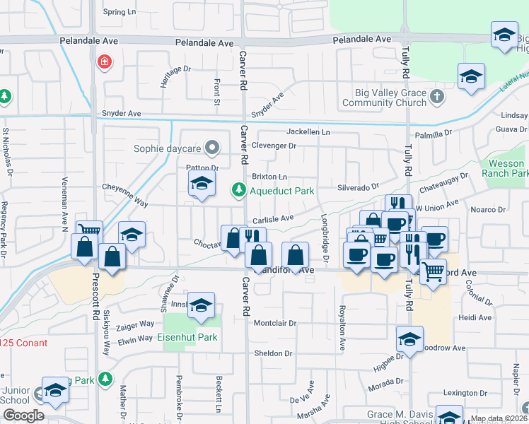 map of restaurants, bars, coffee shops, grocery stores, and more near 1625 Carlisle Avenue in Modesto