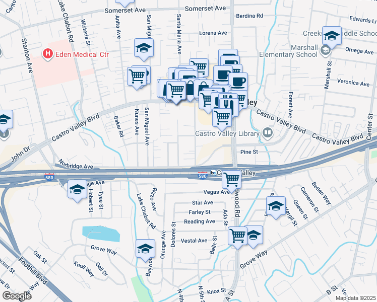 map of restaurants, bars, coffee shops, grocery stores, and more near 21091 Wilbeam Avenue in Castro Valley