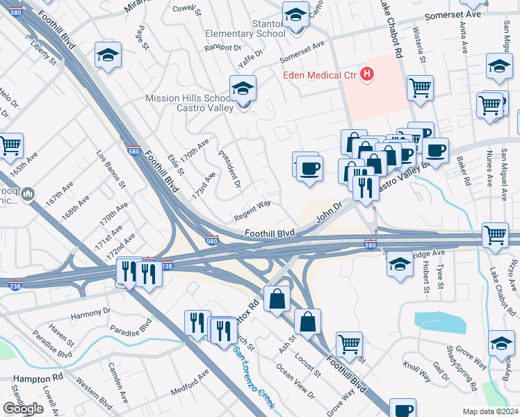 map of restaurants, bars, coffee shops, grocery stores, and more near 2134 Regent Way in Castro Valley