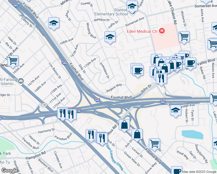 map of restaurants, bars, coffee shops, grocery stores, and more near 2134 Regent Way in Castro Valley