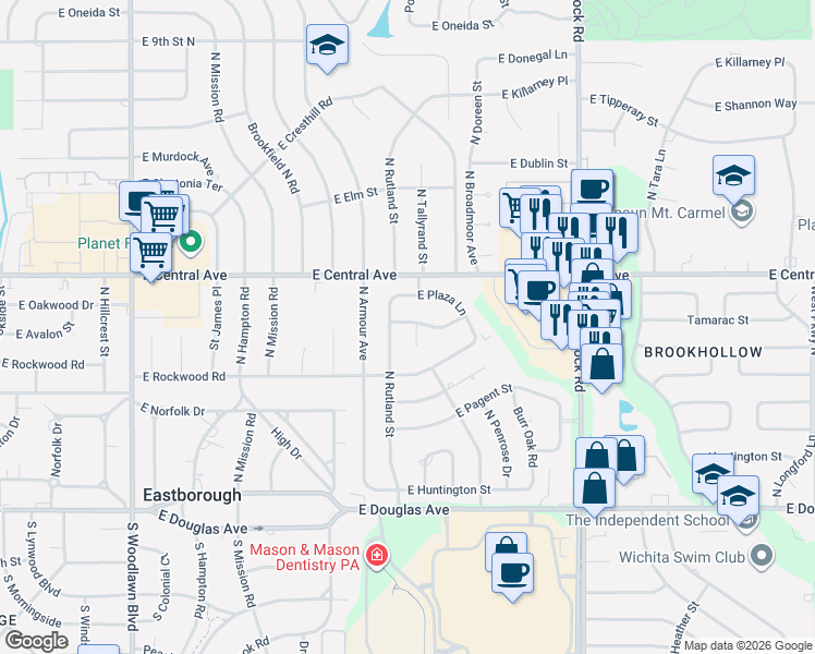 map of restaurants, bars, coffee shops, grocery stores, and more near 7423 East Tanglewood Court in Wichita
