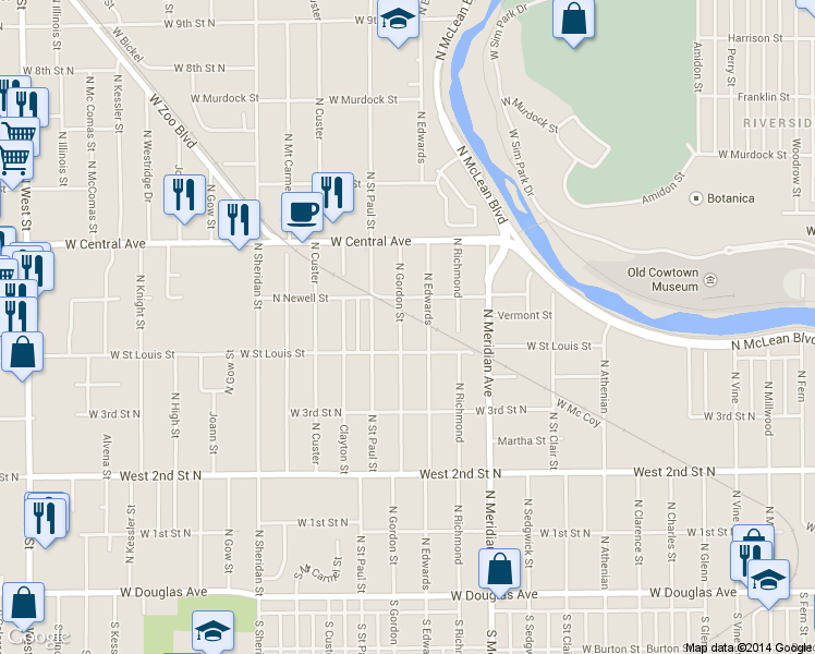 map of restaurants, bars, coffee shops, grocery stores, and more near 519 North Edwards in Wichita