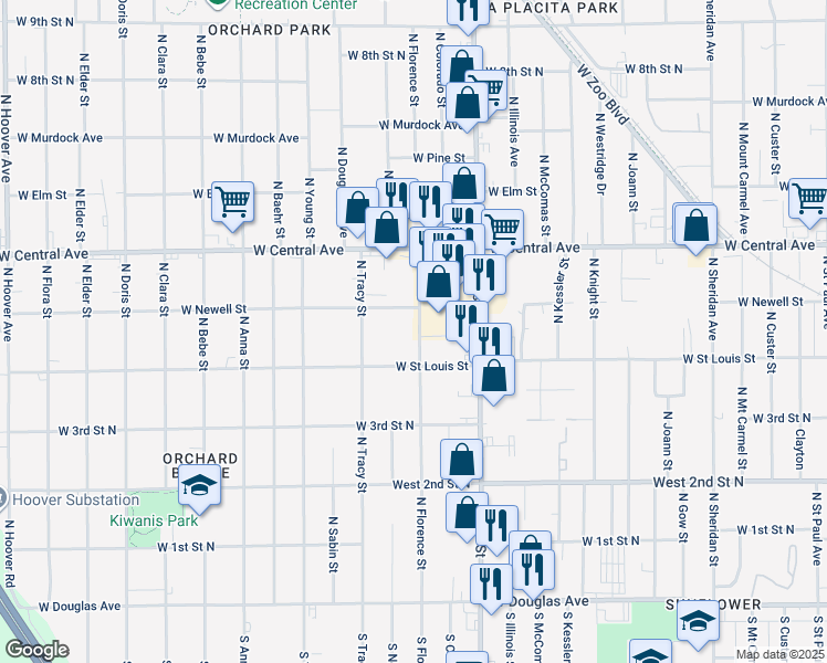 map of restaurants, bars, coffee shops, grocery stores, and more near 521 N Florence St in Wichita