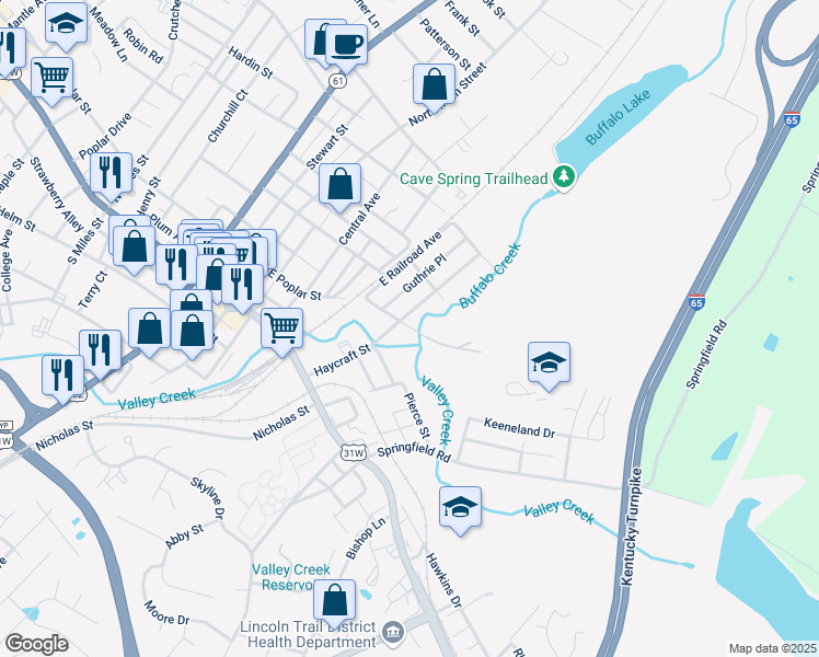 map of restaurants, bars, coffee shops, grocery stores, and more near 422 East Poplar Street in Elizabethtown