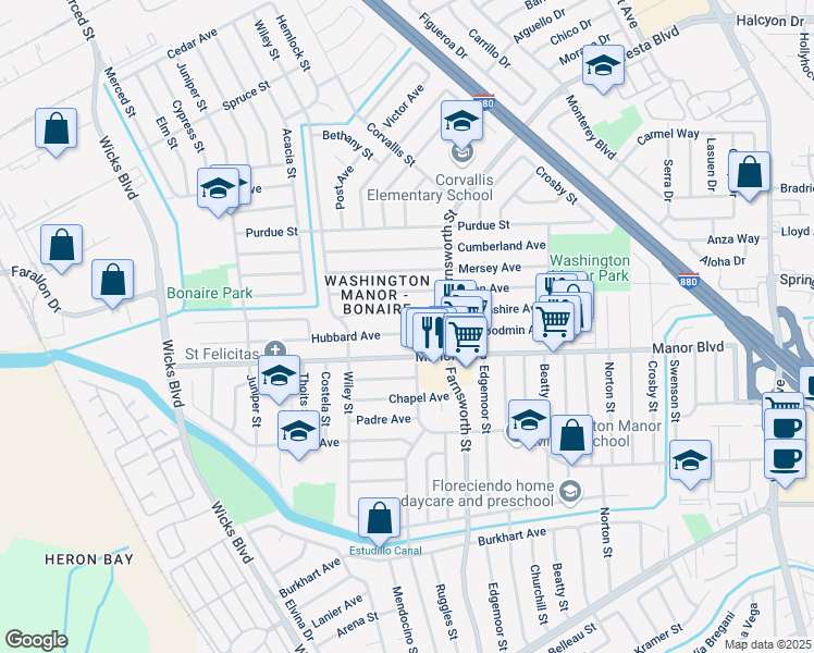map of restaurants, bars, coffee shops, grocery stores, and more near 1319 Hubbard Avenue in San Leandro