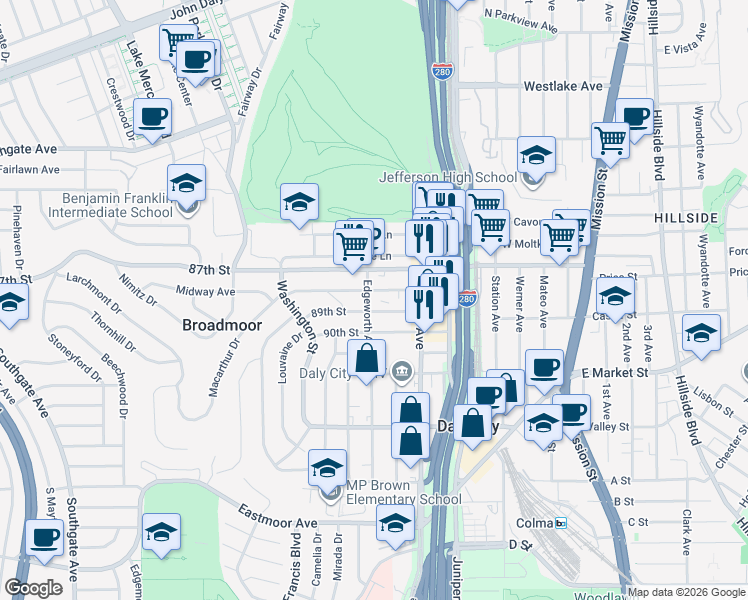 map of restaurants, bars, coffee shops, grocery stores, and more near 1145 Edgeworth Avenue in Daly City