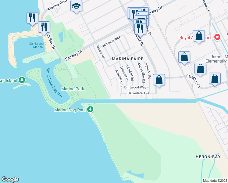 map of restaurants, bars, coffee shops, grocery stores, and more near 2504 Galleon Place in San Leandro