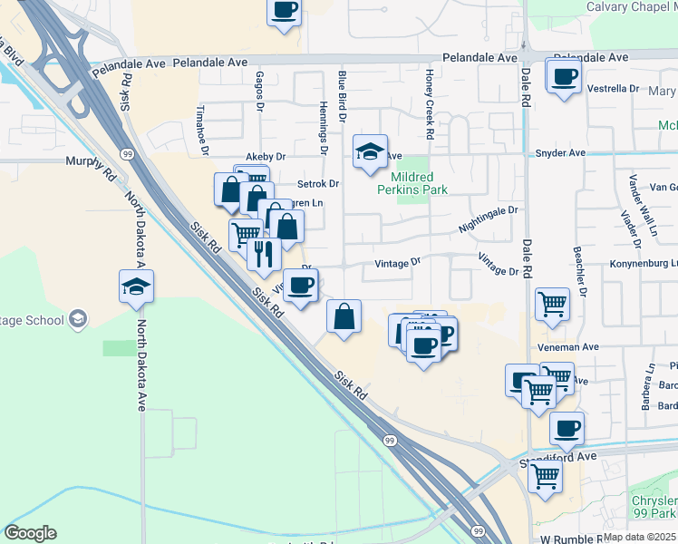 map of restaurants, bars, coffee shops, grocery stores, and more near 3633 Blue Bird Drive in Modesto