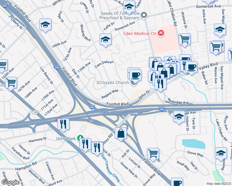 map of restaurants, bars, coffee shops, grocery stores, and more near 2305 Regent Way in Castro Valley