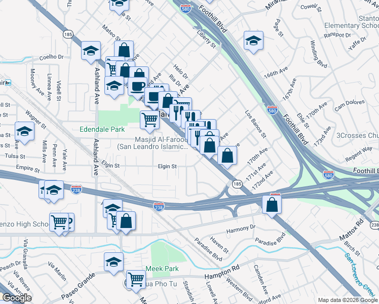 map of restaurants, bars, coffee shops, grocery stores, and more near 16611 East 14th Street in San Leandro
