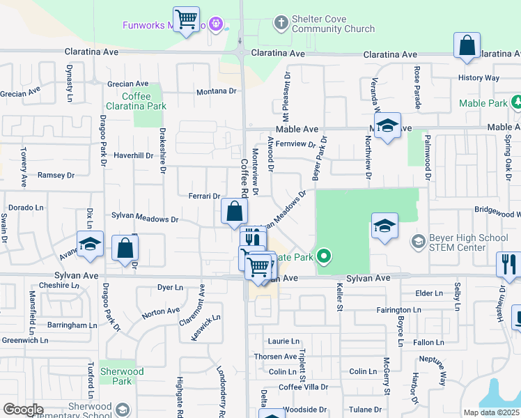 map of restaurants, bars, coffee shops, grocery stores, and more near 3708 Coffee Road in Modesto