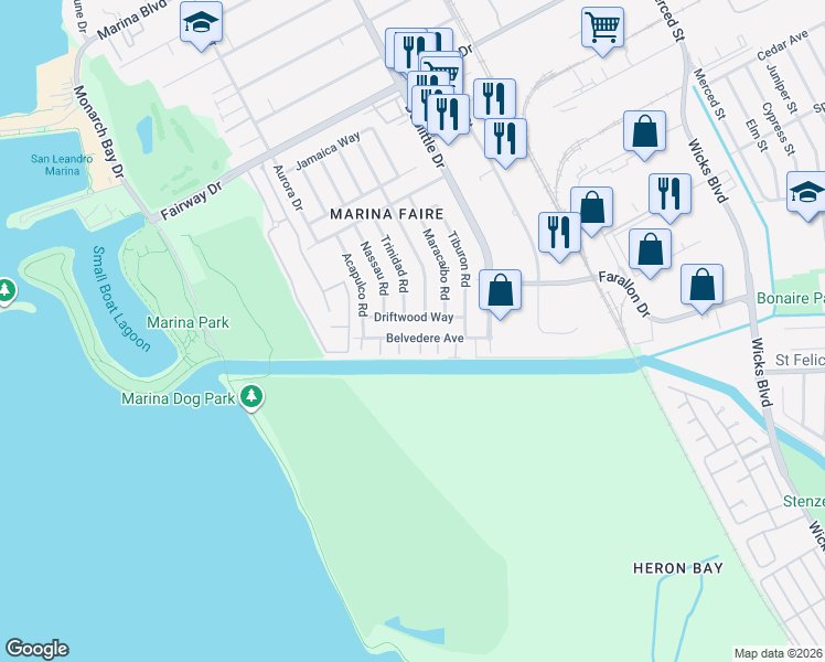 map of restaurants, bars, coffee shops, grocery stores, and more near 2391 Belvedere Avenue in San Leandro