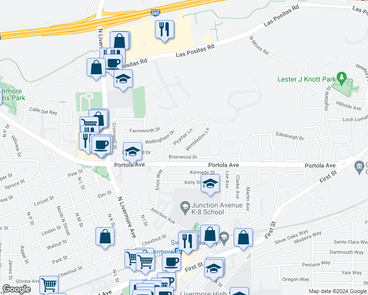 map of restaurants, bars, coffee shops, grocery stores, and more near 714 Wimbledon Lane in Livermore