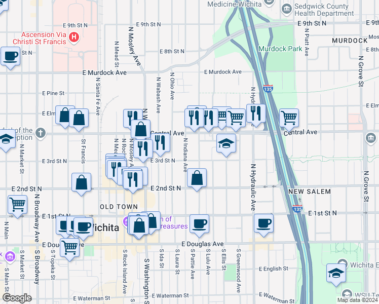 map of restaurants, bars, coffee shops, grocery stores, and more near 416 North Indiana Avenue in Wichita