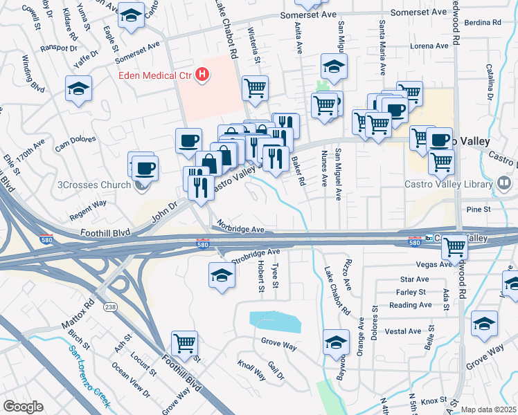 map of restaurants, bars, coffee shops, grocery stores, and more near 20800 Lake Chabot Road in Castro Valley