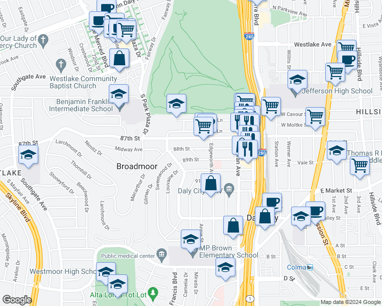 map of restaurants, bars, coffee shops, grocery stores, and more near 389 88th Street in Daly City