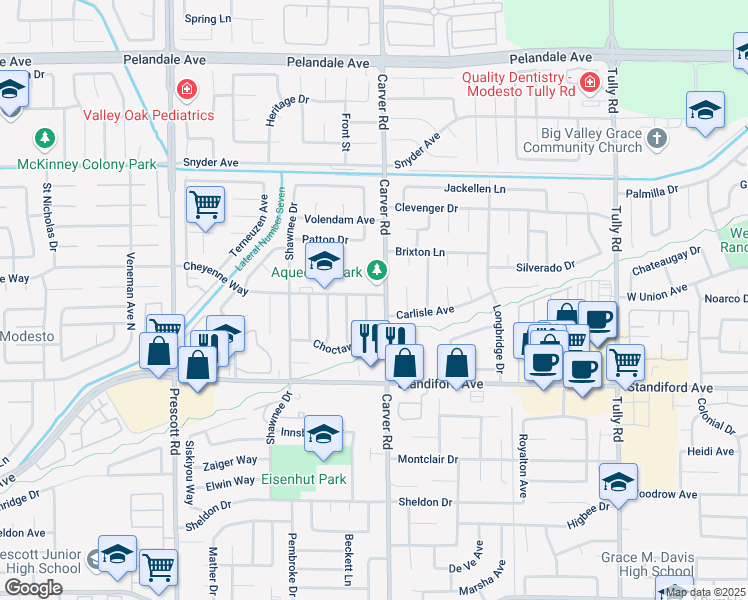 map of restaurants, bars, coffee shops, grocery stores, and more near 1704 Cheyenne Way in Modesto