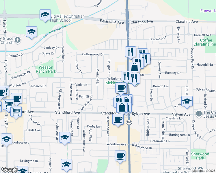 map of restaurants, bars, coffee shops, grocery stores, and more near 3801 Cougar Court in Modesto