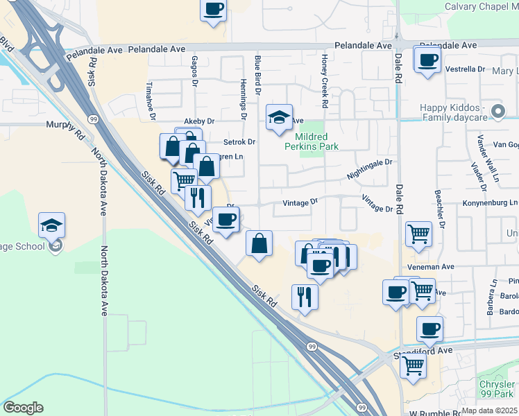 map of restaurants, bars, coffee shops, grocery stores, and more near 3601 Blue Bird Drive in Modesto