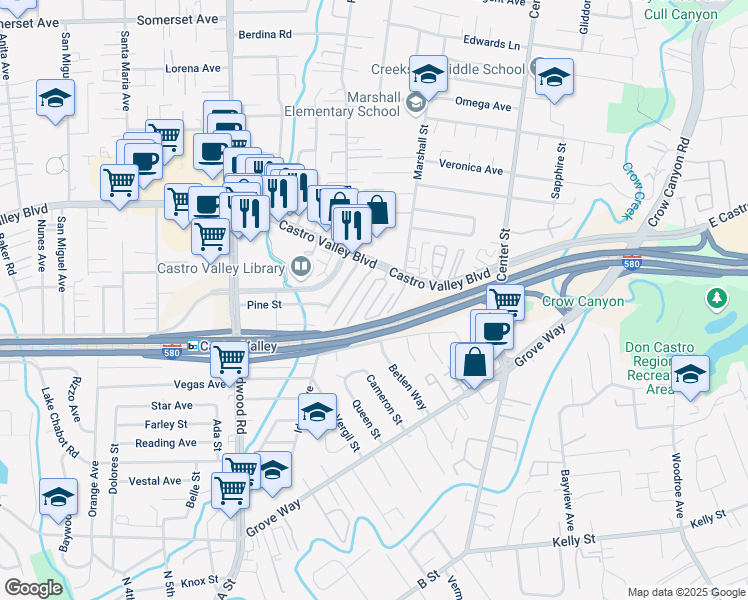 map of restaurants, bars, coffee shops, grocery stores, and more near 3913 Castro Valley Boulevard in Castro Valley