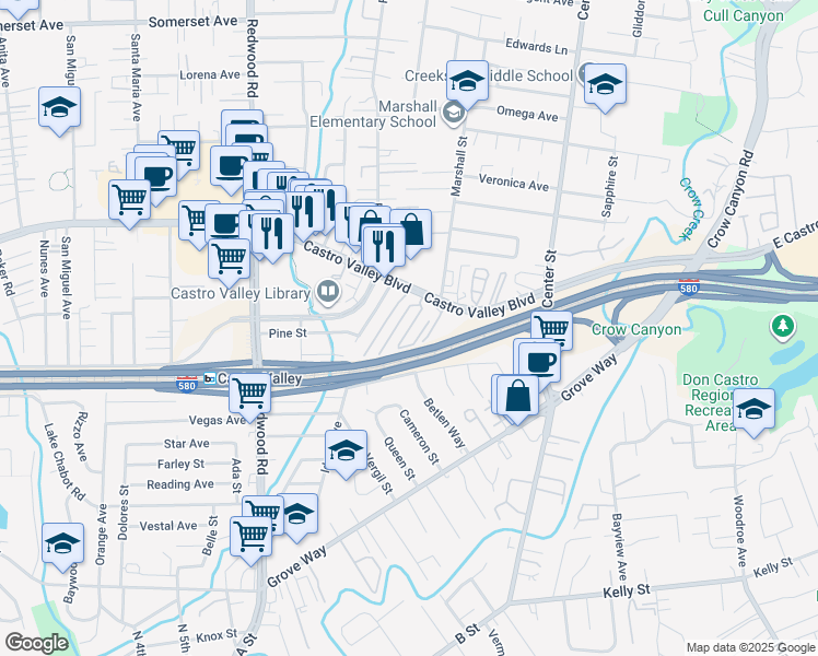 map of restaurants, bars, coffee shops, grocery stores, and more near 3913 Castro Valley Boulevard in Castro Valley