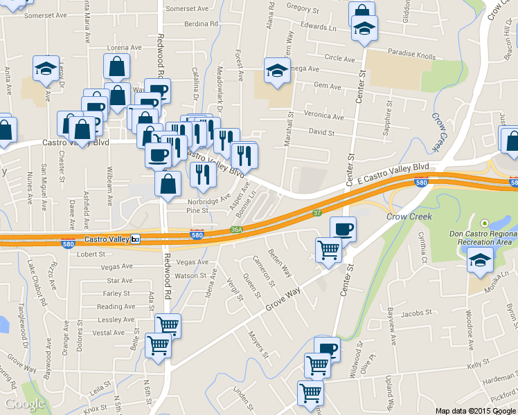 map of restaurants, bars, coffee shops, grocery stores, and more near 3913 Castro Valley Boulevard in Castro Valley