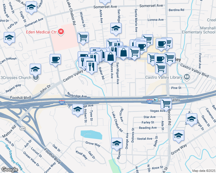 map of restaurants, bars, coffee shops, grocery stores, and more near 21096 Nunes Avenue in Castro Valley