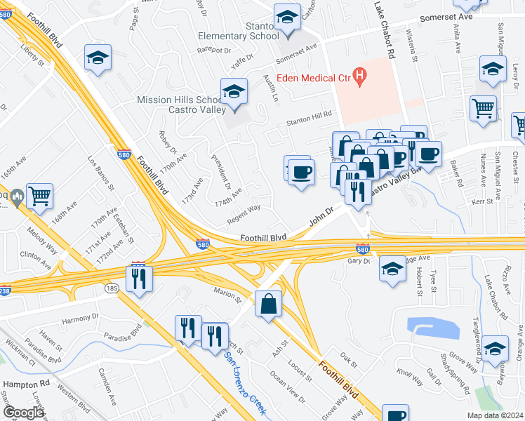 map of restaurants, bars, coffee shops, grocery stores, and more near 2281 Regent Way in Castro Valley