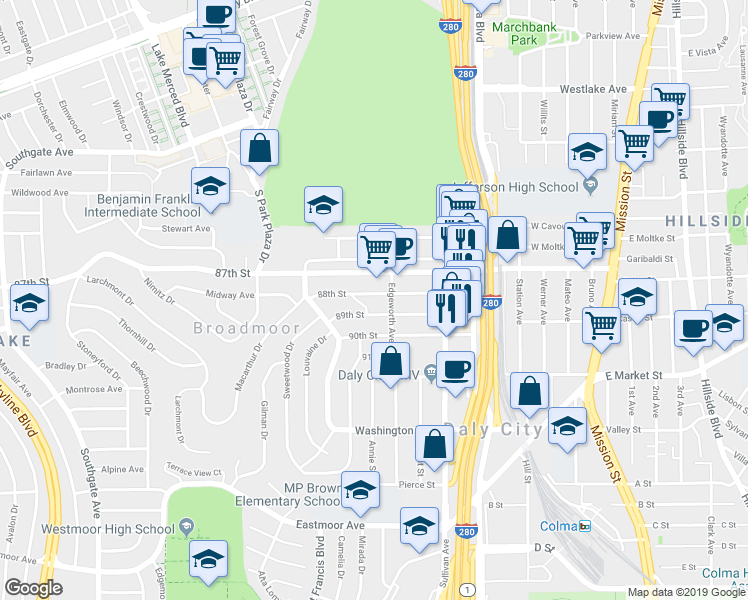map of restaurants, bars, coffee shops, grocery stores, and more near 414 89th Street in Daly City