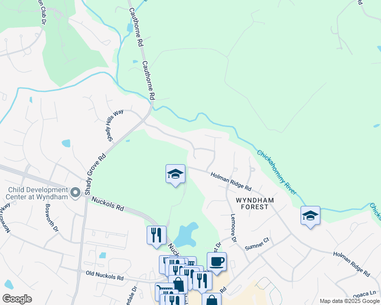 map of restaurants, bars, coffee shops, grocery stores, and more near 5420 Elmwood Forest Court in Glen Allen