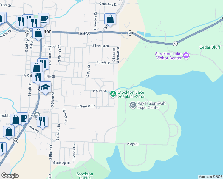 map of restaurants, bars, coffee shops, grocery stores, and more near East Surf Street in Stockton