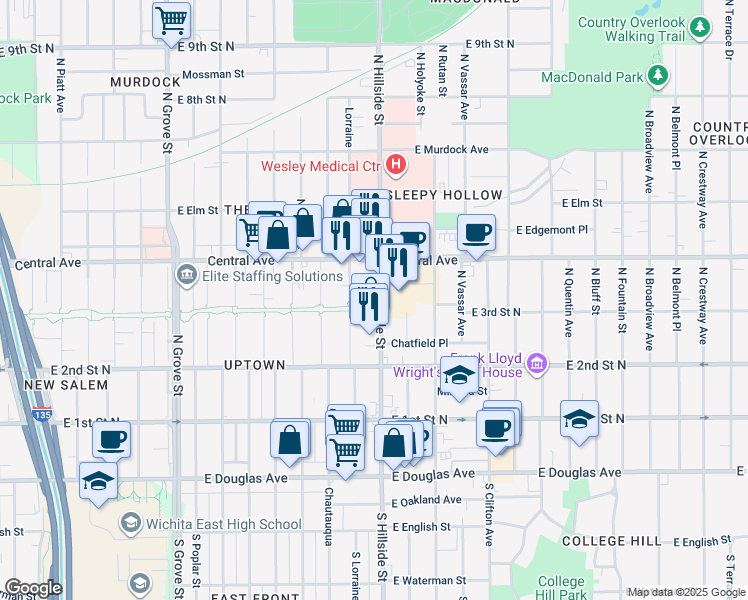 map of restaurants, bars, coffee shops, grocery stores, and more near in Wichita