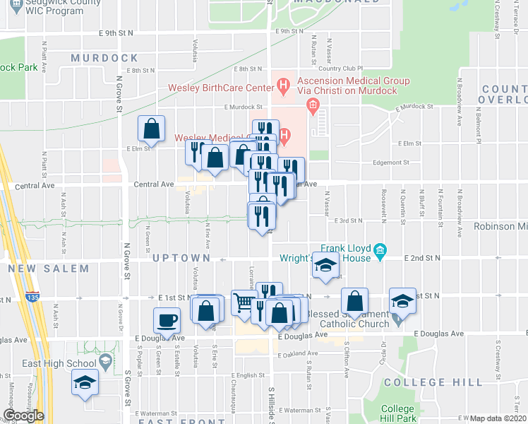map of restaurants, bars, coffee shops, grocery stores, and more near in Wichita