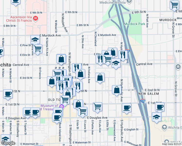 map of restaurants, bars, coffee shops, grocery stores, and more near 400-416 North Indiana Avenue in Wichita