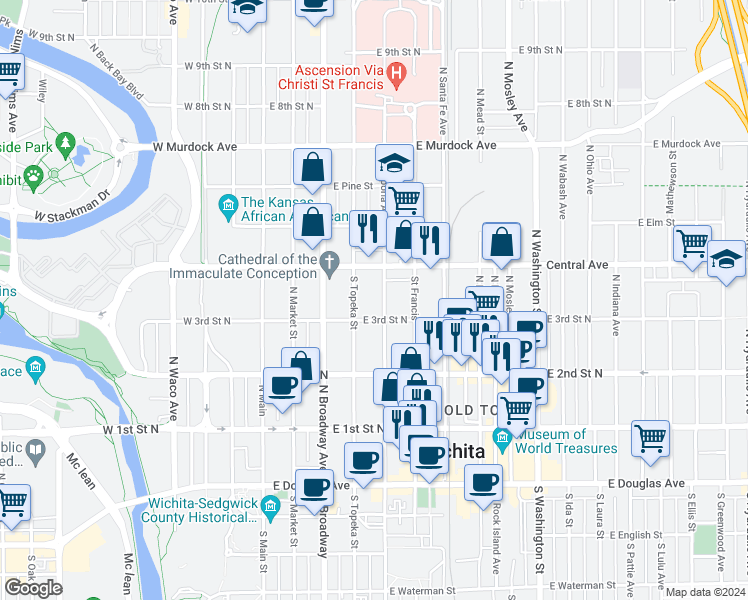 map of restaurants, bars, coffee shops, grocery stores, and more near 405 North Emporia Avenue in Wichita