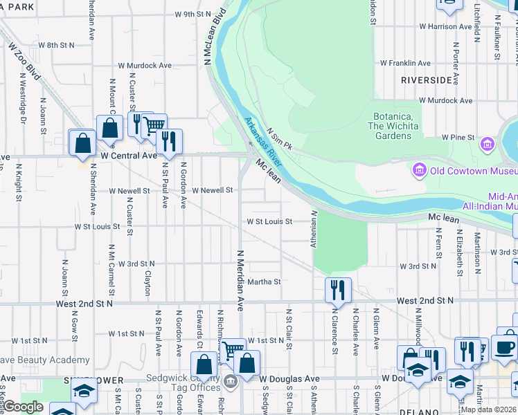 map of restaurants, bars, coffee shops, grocery stores, and more near 2420 West Saint Louis Street in Wichita