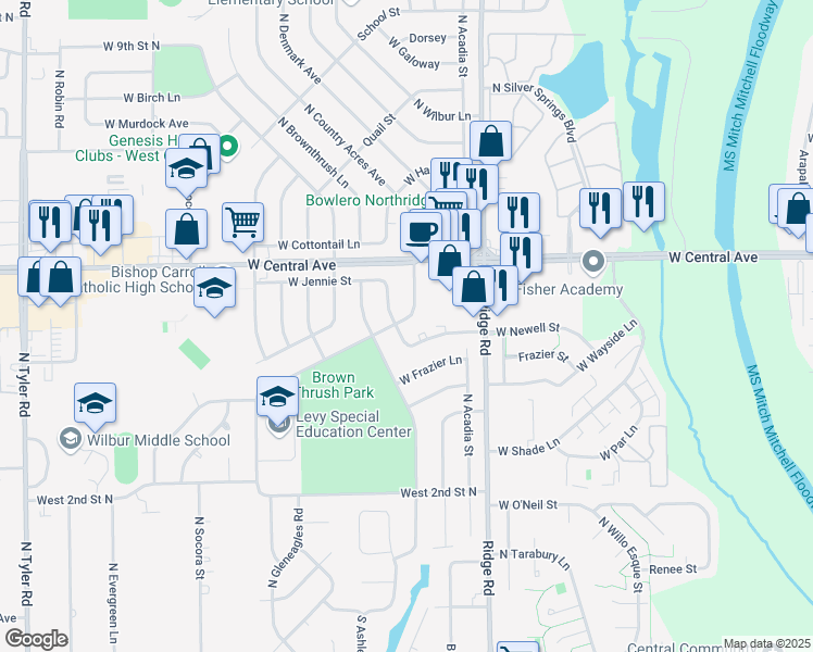 map of restaurants, bars, coffee shops, grocery stores, and more near 524 North Dunsworth Avenue in Wichita