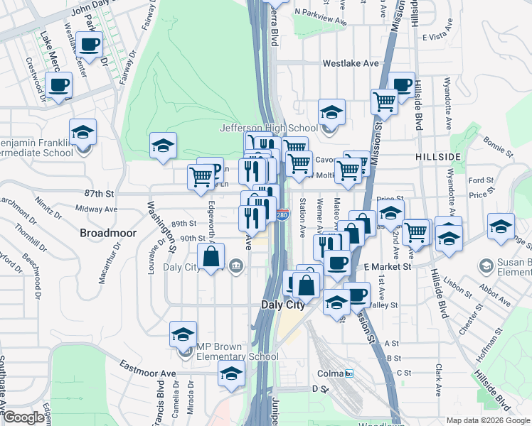 map of restaurants, bars, coffee shops, grocery stores, and more near 2 89th Street in Daly City
