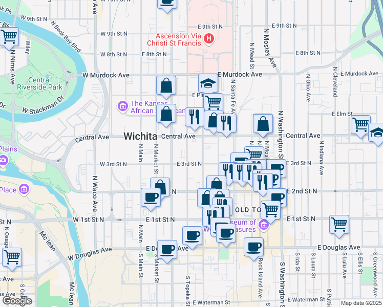 map of restaurants, bars, coffee shops, grocery stores, and more near 420 Topeka Street in Wichita