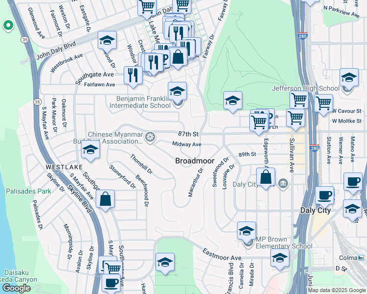 map of restaurants, bars, coffee shops, grocery stores, and more near 630 Manila Way in Daly City