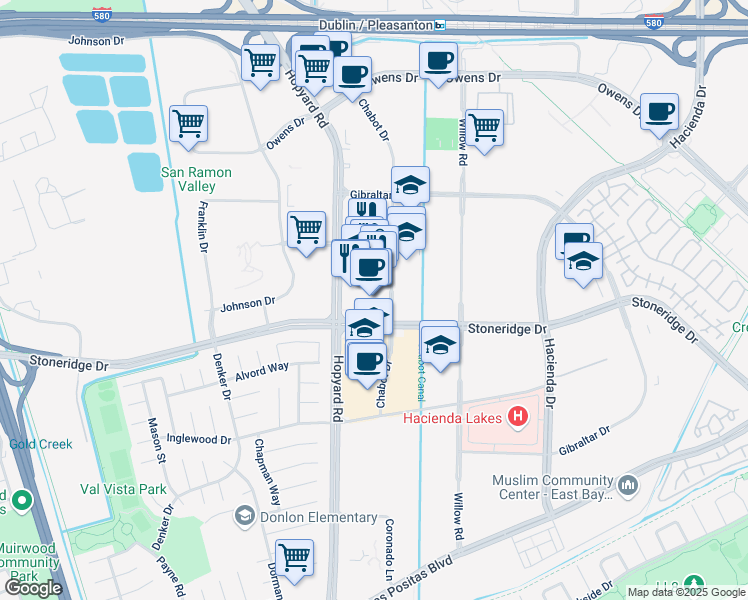map of restaurants, bars, coffee shops, grocery stores, and more near 4825 Hopyard Road in Pleasanton