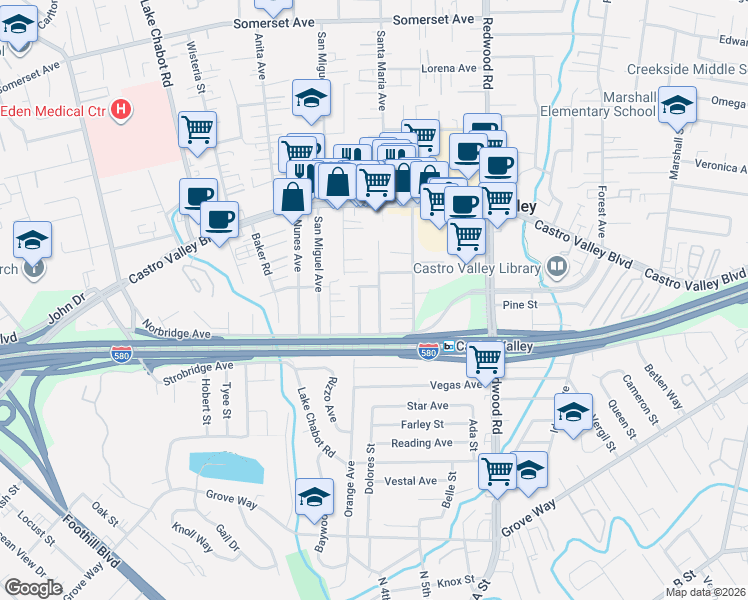 map of restaurants, bars, coffee shops, grocery stores, and more near 21135 Ashfield Avenue in Castro Valley