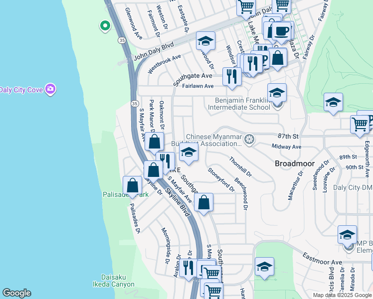 map of restaurants, bars, coffee shops, grocery stores, and more near 48 Brooklawn Avenue in Daly City