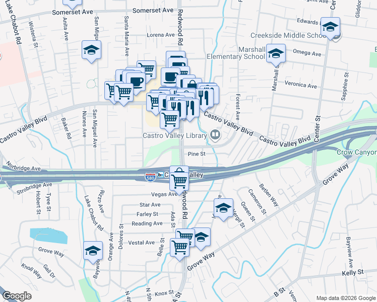 map of restaurants, bars, coffee shops, grocery stores, and more near 3414 Pine Street in Castro Valley