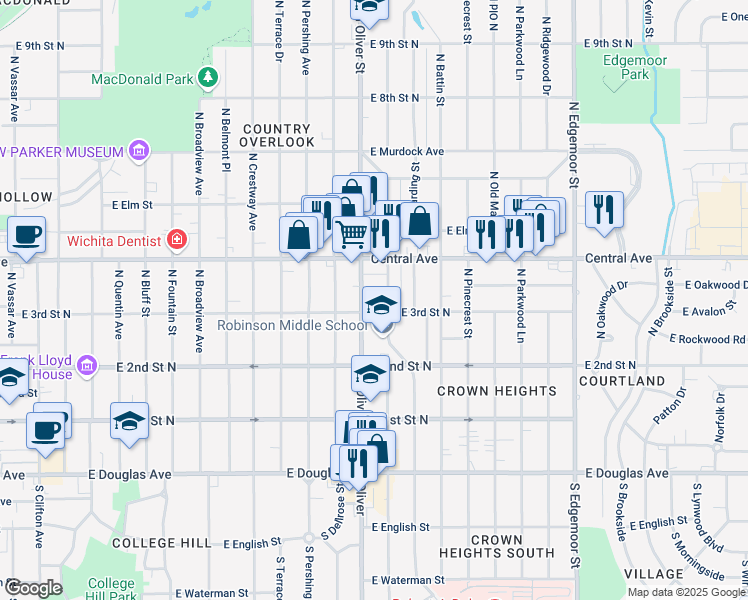 map of restaurants, bars, coffee shops, grocery stores, and more near 403 North Bleckley Drive in Wichita