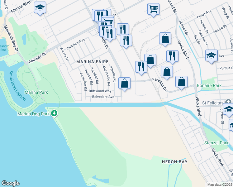map of restaurants, bars, coffee shops, grocery stores, and more near 14658 Tiburon Road in San Leandro