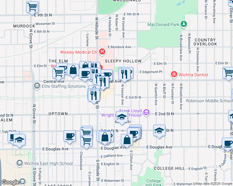 map of restaurants, bars, coffee shops, grocery stores, and more near 367 North Vassar in Wichita